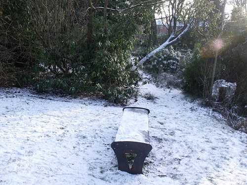 snowy park bench